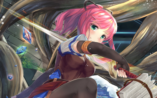 Обои картинки фото аниме, оружие,  техника,  технологии, взгляд, девушка, фон