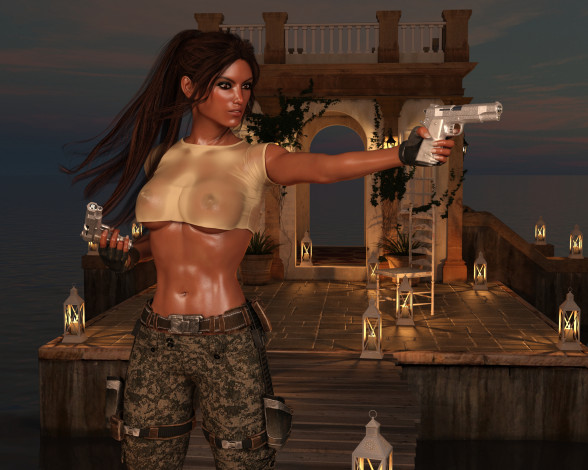 Обои картинки фото 3д графика, фантазия , fantasy, девушка, взгляд, фон, оружие