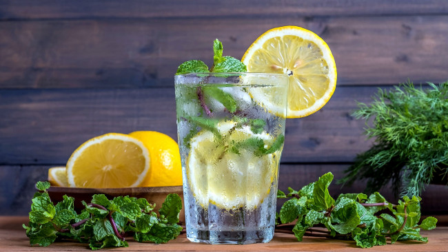 Обои картинки фото еда, напитки, напиток, укроп, мята, лимон