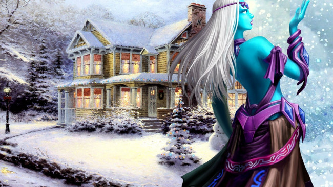 Обои картинки фото видео игры, 2029 online, дом, зима, снег, дроу, девушка