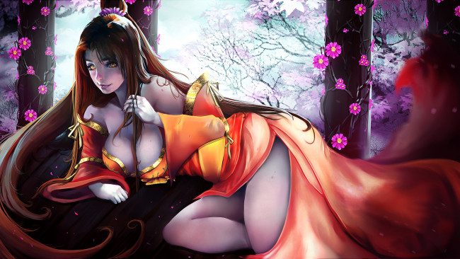 Обои картинки фото аниме, unknown,  другое , девушка, фон, взгляд, кимоно