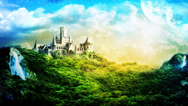 Обои картинки фото фэнтези, замки, замок, водопады, лес