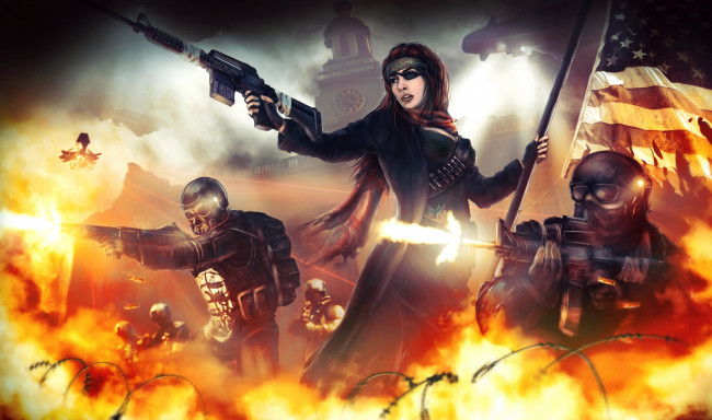 Обои картинки фото видео игры, homefront, девушка, мужчины, бой, оружие, флаг