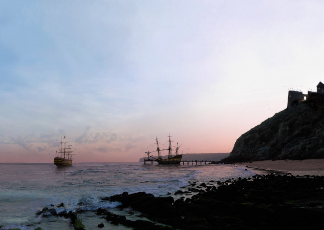 Обои картинки фото корабли, парусники, причал, море, берег