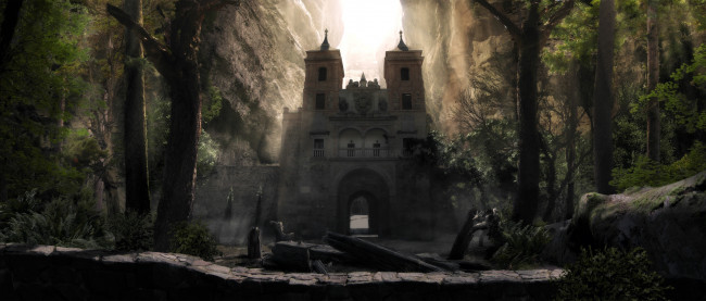 Обои картинки фото фэнтези, иные миры,  иные времена, врата, ущелье, скалы, лес