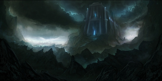 Обои картинки фото фэнтези, замки, скалы, горы, замок, тучи