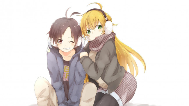 Обои картинки фото аниме, idolm@ster, девочка, парень, улыбка, арт, настроение, наушники