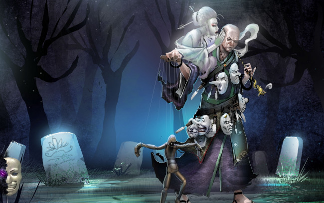 Обои картинки фото puppeteer, видео игры, марионетка, кукла, маски, кладбище, призрак, старик