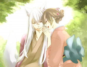 Картинка аниме kamisama+hajimemashita tomoe kamisama hajimemashita хвост арт he-zo nanami momozono девушка парень ушки кимоно