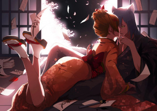 Картинка аниме kamisama+hajimemashita marmalade арт tomoe elfless vanilla деревь ушки двое сакура парень девушка кимоно nanami momozono kamisama hajimemashita