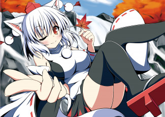 Картинка аниме touhou арт inubashiri momiji осень лист девушка жест
