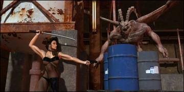 Картинка 3д+графика фантазия+ fantasy оружие фон взгляд девушка существо