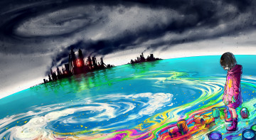 Картинка аниме город +улицы +здания wenqing yan арт девочка краски загрязнение