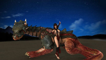 Картинка 3д+графика фантазия+ fantasy лес горы дракон оружие фон взгляд девушка облака небо звезды