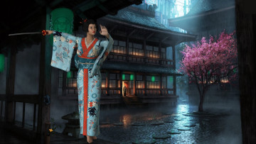 Картинка 3д+графика люди+ people девушка взгляд фон катана