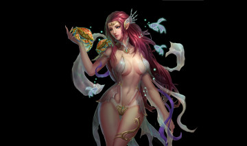 Картинка фэнтези эльфы эротика арт русалка девушка рыбки краб черный фон