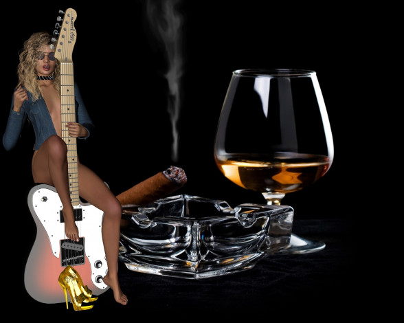 Обои картинки фото 3д графика, люди , people, бокал, гитара, фон, взгляд, девушка