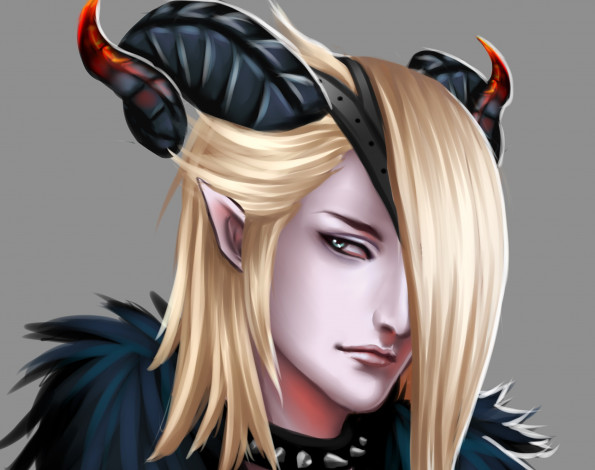 Обои картинки фото разное, арты, арт, парень, блондин, демон, рога, белый, фон