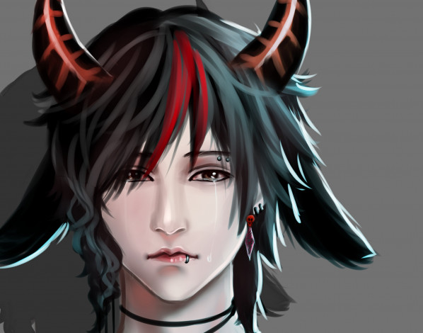 Обои картинки фото фэнтези, существа, демон, парень, фон, портрет, рога, арт