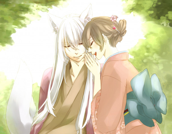 Обои картинки фото аниме, kamisama hajimemashita, tomoe, kamisama, hajimemashita, хвост, арт, he-zo, nanami, momozono, девушка, парень, ушки, кимоно