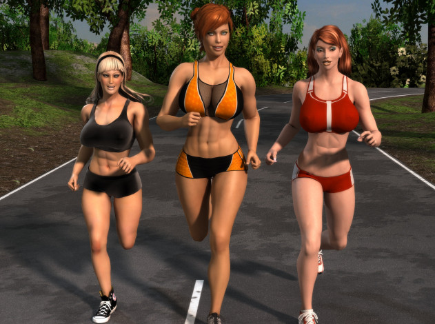 Обои картинки фото 3д графика, люди , people, фон, взгляд, девушки, бег