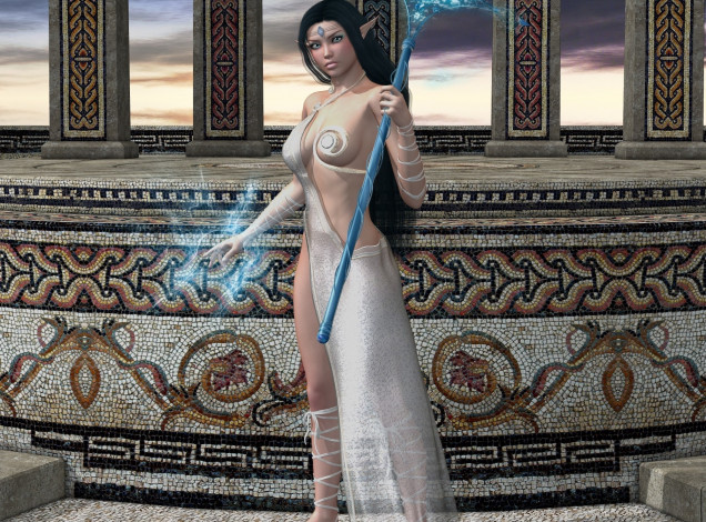 Обои картинки фото 3д графика, эльфы , elves, магия, шест, взгляд, эльфийка, фон