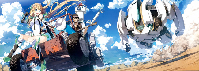 Обои картинки фото expelled from paradise, аниме, оружие,  техника,  технологии, angela, balzac, робот, машина, expelled, from, paradise, гитара, парень, арт, kantoku, облака, небо, девушка