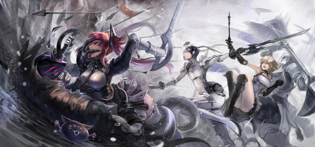 Обои картинки фото аниме, pixiv fantasia, арт, девушки, монстр, оружие, битва