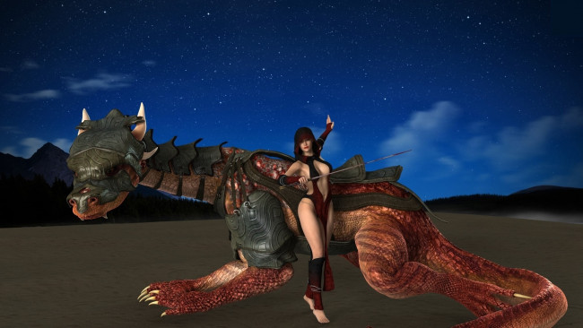 Обои картинки фото 3д графика, фантазия , fantasy, лес, горы, дракон, оружие, фон, взгляд, девушка, облака, небо, звезды