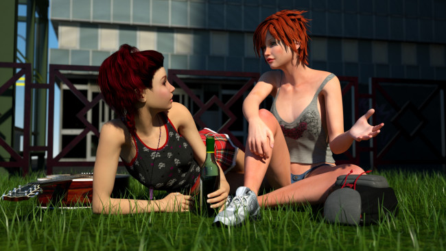 Обои картинки фото 3д графика, люди , people, лето, фон, взгляд, девушки, трава