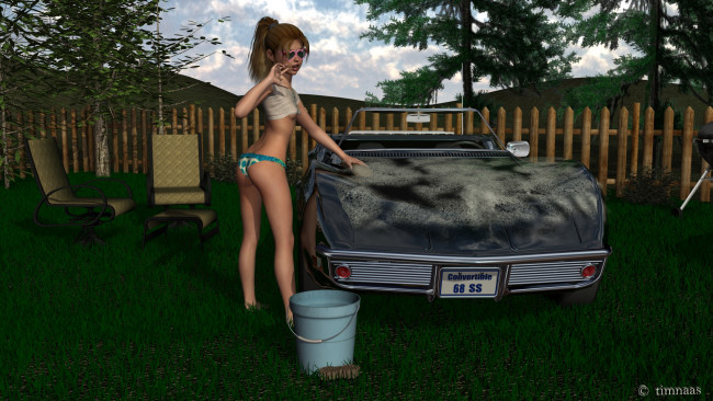 Обои картинки фото автомобили, 3d car&girl, автомобиль, взгляд, фон, девушка