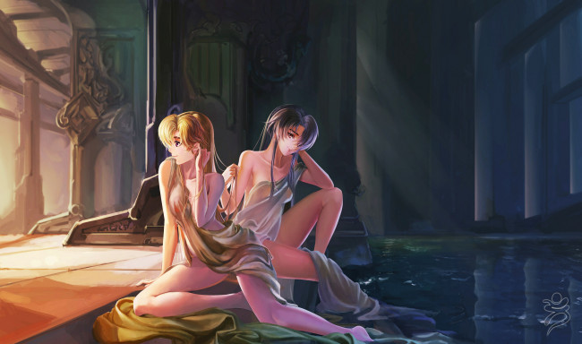 Обои картинки фото аниме, unknown,  другое, ushas, арт, девушки, бассейн