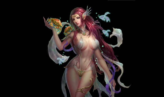 Обои картинки фото фэнтези, эльфы, эротика, арт, русалка, девушка, рыбки, краб, черный, фон