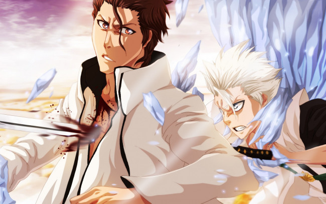 Обои картинки фото аниме, bleach, кровь, мужчина, art, toshiro, hitsugaya, aizen, sousuke