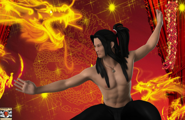 Обои картинки фото 3д графика, люди , people, кун-фу, поза, мужчина, взгляд, фон