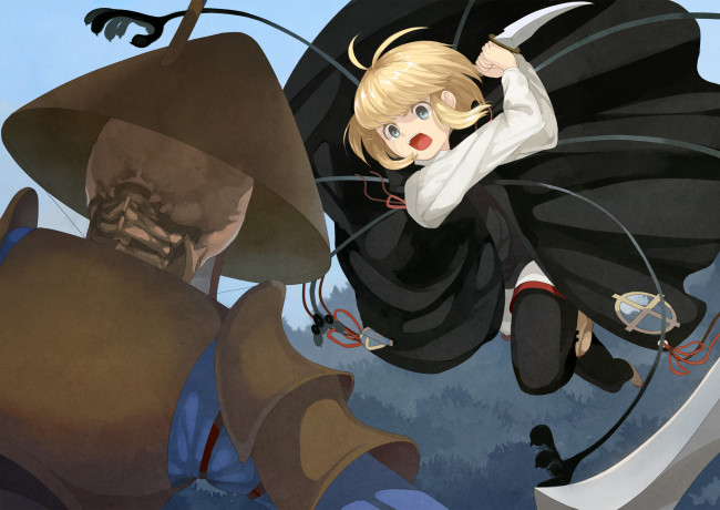 Обои картинки фото аниме, pixiv fantasia, арт, pixiv, fantasia, плащ, крик, скелет, нож, девушка