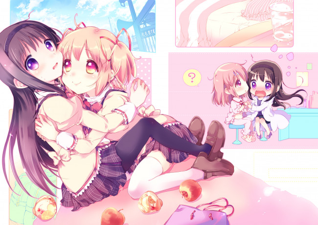 Обои картинки фото аниме, mahou shoujo madoka magika, mahou, shoujo, madoka, magica, объятия, akemi, homura, kaname, арт, девочки, яблоки, yamada, ako