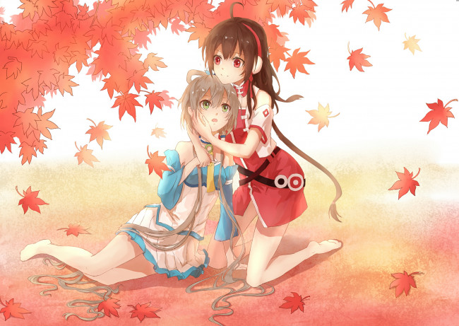 Обои картинки фото аниме, vocaloid, листья, объятия, осень, девочки, lan, jue, арт, yuezheng, ling, luo, tianyi, china