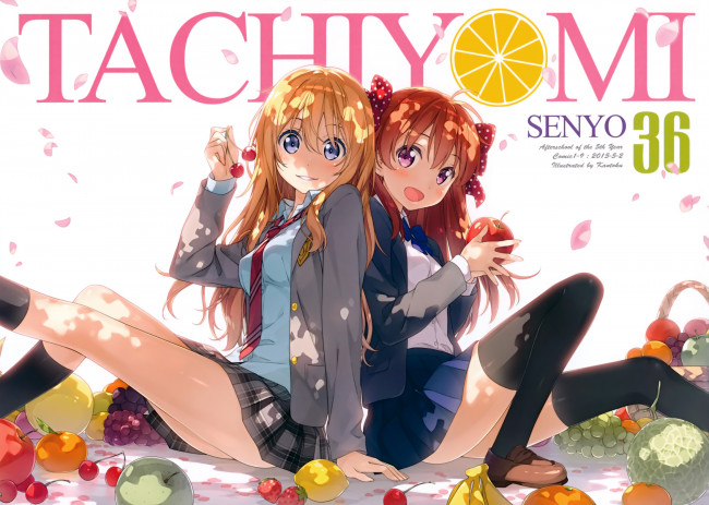 Обои картинки фото аниме, unknown,  другое, фрукты, еда, девушки, арт, kantoku, sakura, chiyo, miyazono, kawori, shigatsu, wa, kimi, no, uso, gekkan, shoujo, nozaki-kun