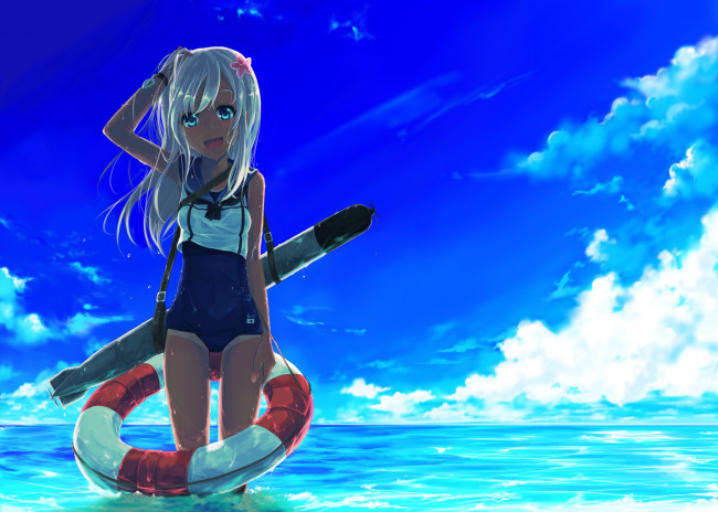 Обои картинки фото аниме, kantai collection, kantai, collection, небо, море, цветок, круг, ракета, kancolle, ro-500, девочка