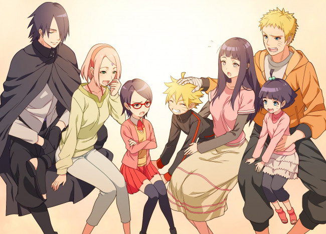 Обои картинки фото аниме, naruto, uchiha, sasuke, очки, радость, дети, haruno, sakura, семьи, uzumaki, morittokoke, пары, девушки, himawari, арт, парни, boruto, sarada, hyuuga, hinata