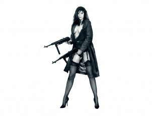 Картинка рисованное люди плащ девушка автомат взгляд фон