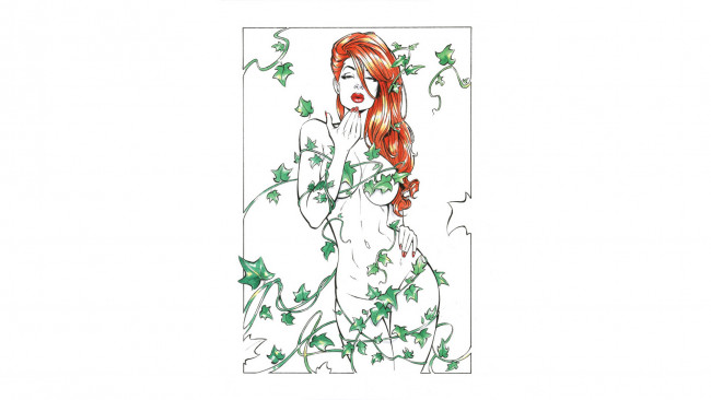 Обои картинки фото рисованное, комиксы, фон, плющ, девушка, взгляд