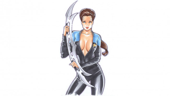 Обои картинки фото рисованное, люди, взгляд, фон, девушка, оружие