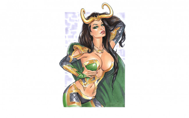 Обои картинки фото рисованное, комиксы, рога, униформа, взгляд, фон, девушка
