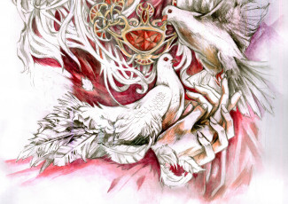 Картинка рисованное живопись фон голуби руки