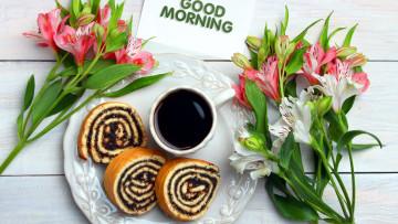 Картинка еда пирожные +кексы +печенье кофе альстромерия рулет пожелание