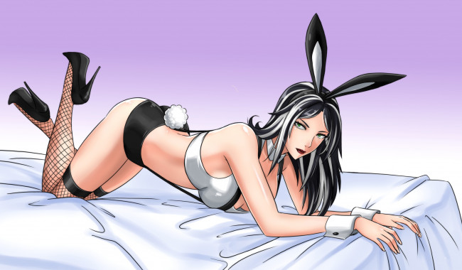 Обои картинки фото рисованное, комиксы, уши, кровать, взгляд, чулки, фон, девушка