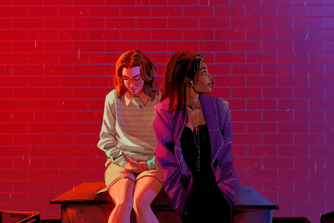 Обои картинки фото рисованное, люди, девушки, фон, скамейка, стена