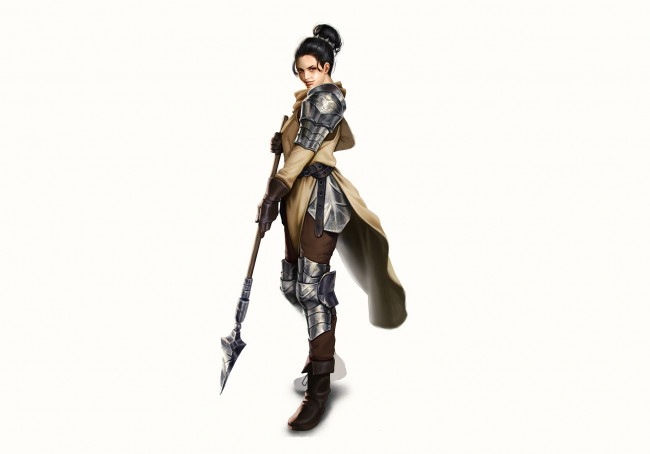 Обои картинки фото рисованное, люди, девушка, латы, фон, копьё, взгляд